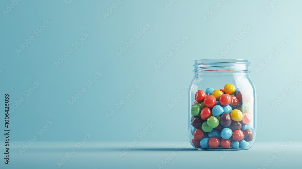 Glass jar of candies on a clean background, with open space for text or branding on the side. Glass jar of candies on a clean background, with open space for text or branding on the side.