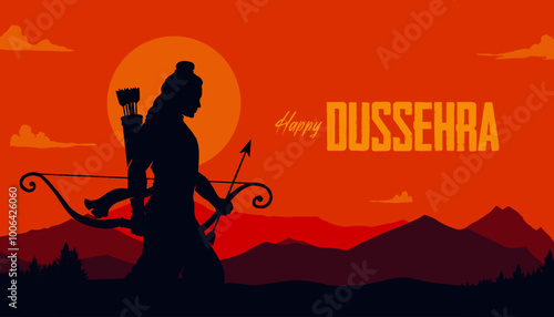 Happy Dussehra calligraphy with Shree Ram arrow vector, silhouette, and sketch, festival background for social media banner design template
