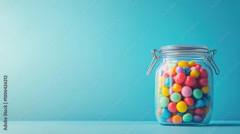 Glass jar packed with bright candies, set against a clean background with space for text on the side. Glass jar packed with bright candies, set against a clean background with space for text on the side.