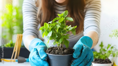 Woman Caring for Potted Plants in Home Greenhouse Environment