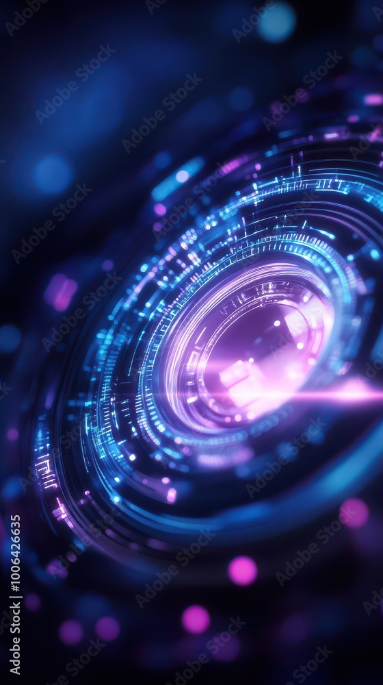 Futuristic lens with vibrant colors and glowing digital elements on a dark background. Futuristic lens with vibrant colors and glowing digital elements on a dark background.