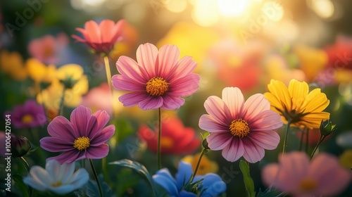 A vibrant field of colorful flowers illuminated by soft sunlight.