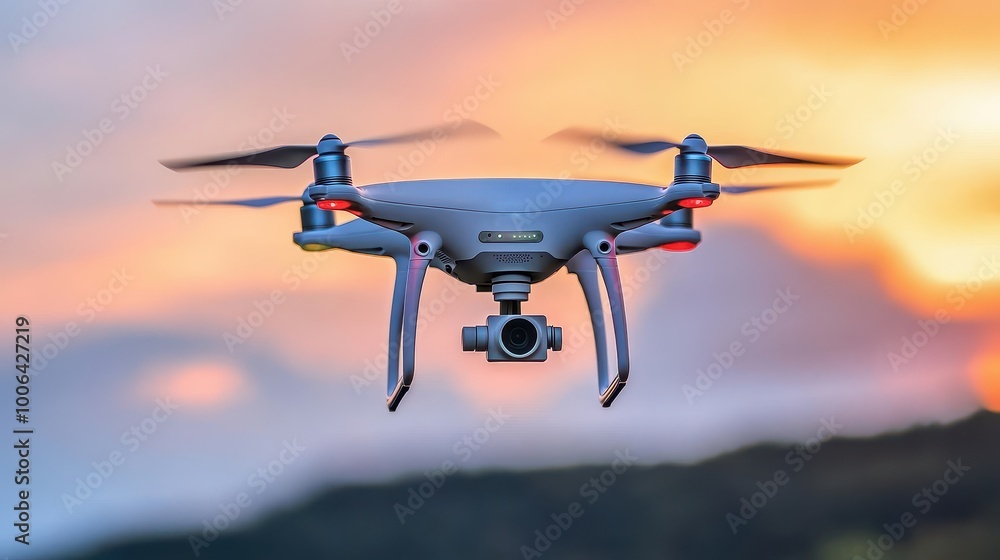 A sleek drone hovers in the air against a vibrant sunset, showcasing its camera and advanced technology for aerial photography. A sleek drone hovers in the air against a vibrant sunset, showcasing its camera and advanced technology for aerial photography.