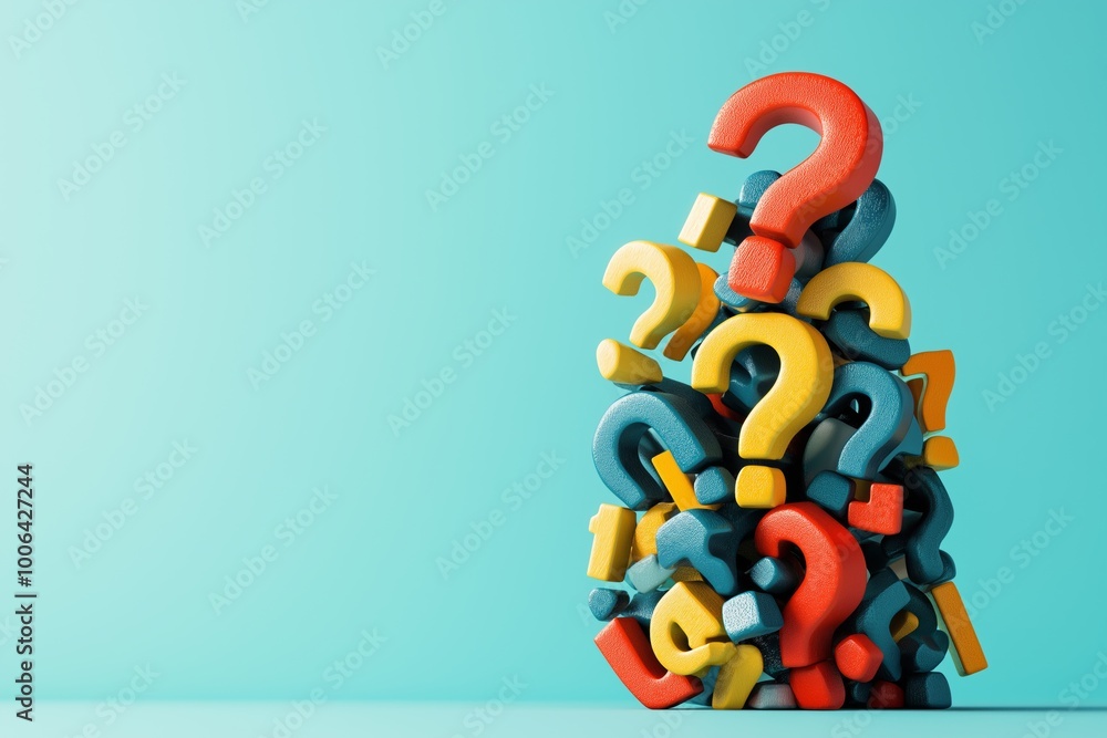 A stack of colorful questions with a blue background. The questions are ...
