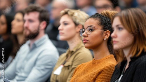 A diverse audience attentively listening during a presentation or event, showcasing engagement and interest.