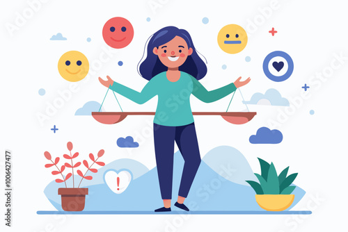 Emotional intelligence, balance emotion control feeling between work stressed or sadness and happy lifestyle concept, mindful calm woman using her hand to balance smile and sad face 