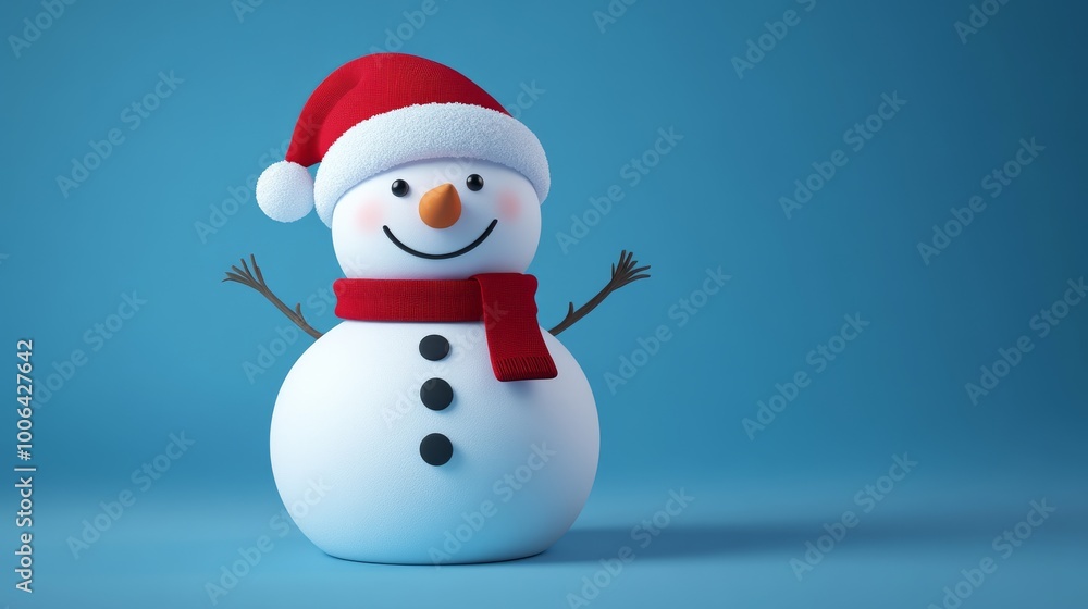 A snowman with a red scarf and a red hat is smiling A snowman with a red scarf and a red hat is smiling