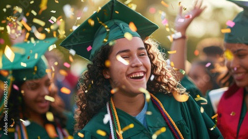 joyful young graduate in a green cap and gown celebrates with confetti flying in the air,Graduation Day photo