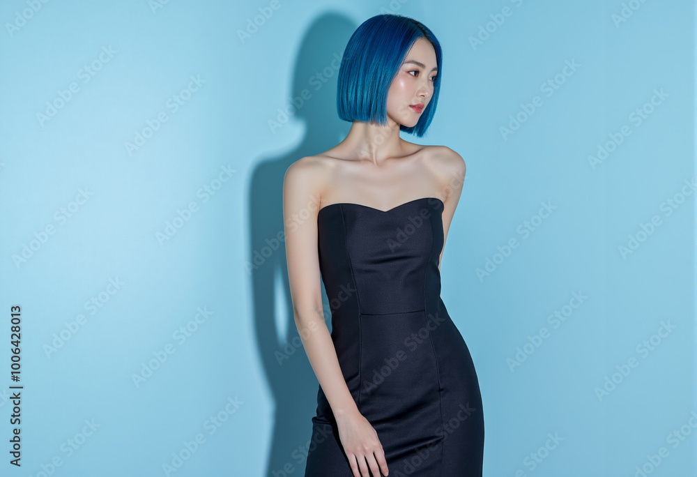 A woman with a sleek blue bob hairstyle stands confidently in a strapless black dress, set against a light blue background, casting a soft shadow. AI Generative A woman with a sleek blue bob hairstyle stands confidently in a strapless black dress, set against a light blue background, casting a soft shadow. AI Generative