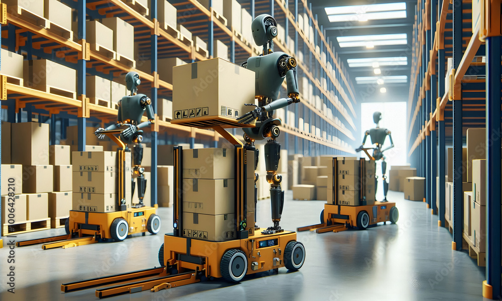Fototapeta premium Futuristisches Logistik Konzept, Roboter arbeiten in einem, Warenlager und bewegen Kartons