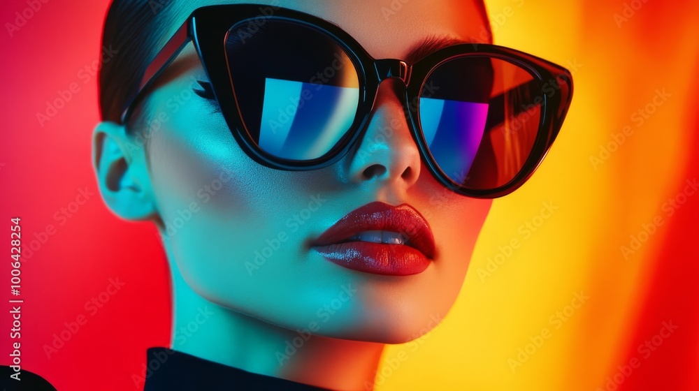 Fashion model wearing sunglasses posing under colorful lights Fashion model wearing sunglasses posing under colorful lights