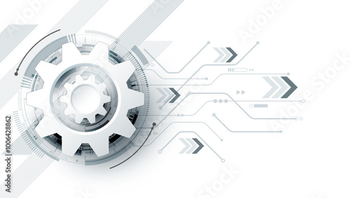 white_gear2_finalAbstract 3D gear with digital circuits and arrows on a white background and copy space. Futuristic technology concept for mechanical engineering and innovation design.