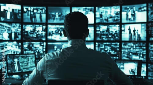 A manager surrounded by computer screens displaying the actions of every employee, watching intently