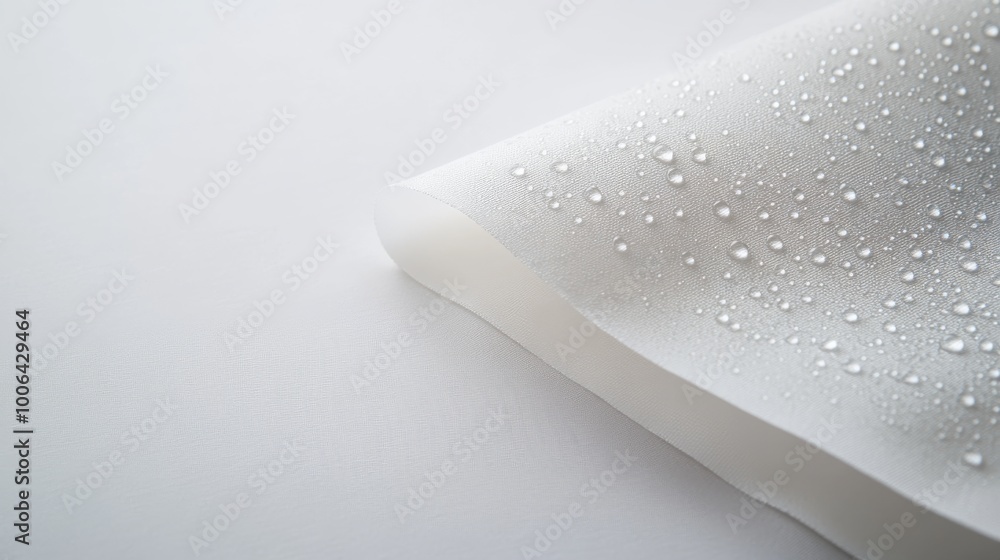 A fabric sample displays tiny water droplets beading on its surface, illustrating the hydrophobic qualities of innovative nanotech textiles against a clean white backdrop A fabric sample displays tiny water droplets beading on its surface, illustrating the hydrophobic qualities of innovative nanotech textiles against a clean white backdrop