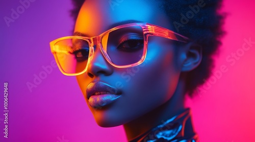 Fashion model posing with sunglasses and creative lighting