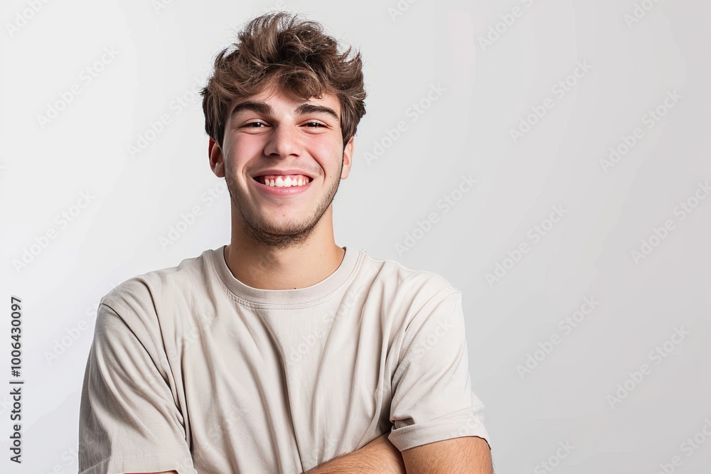 Young man with a cheerful expression and folded arms, white background , background blur Young man with a cheerful expression and folded arms, white background , background blur