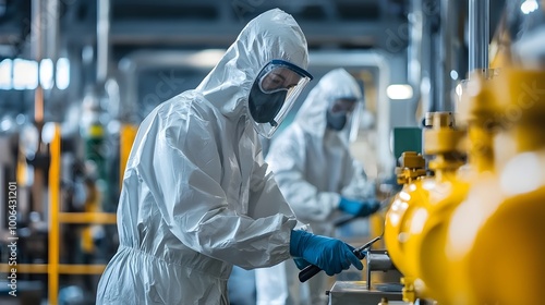 Factory Workers Cleaning Industrial Machinery with Specialized Tools for Safety and Efficiency