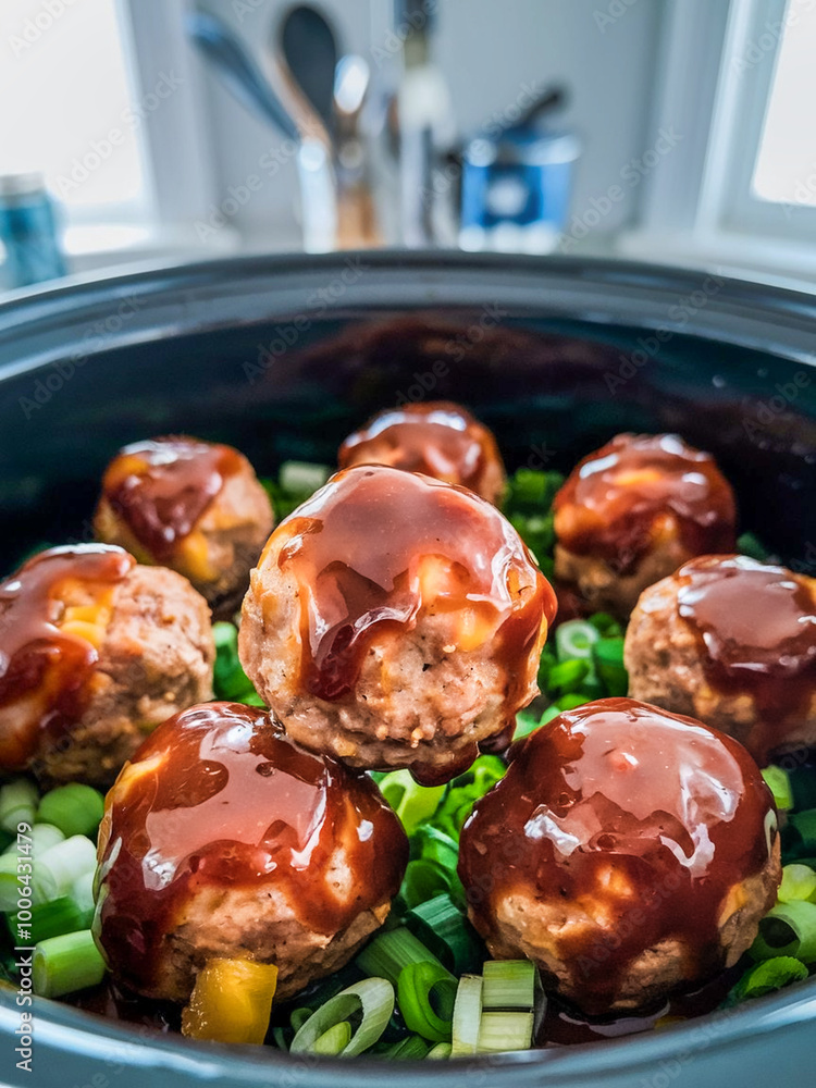Cooking meatballs with pineapple in a golden-brown glaze. Cooking meatballs with pineapple in a golden-brown glaze.