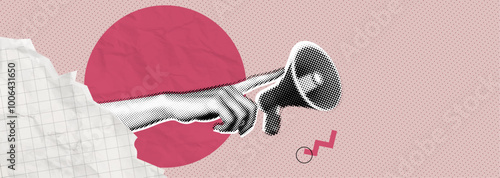 Trendy Halftone Collage Hand with Megaphone. Social media promotion and announce banner. Online news and communication. Pink paper elements. Contemporary vector illustration art