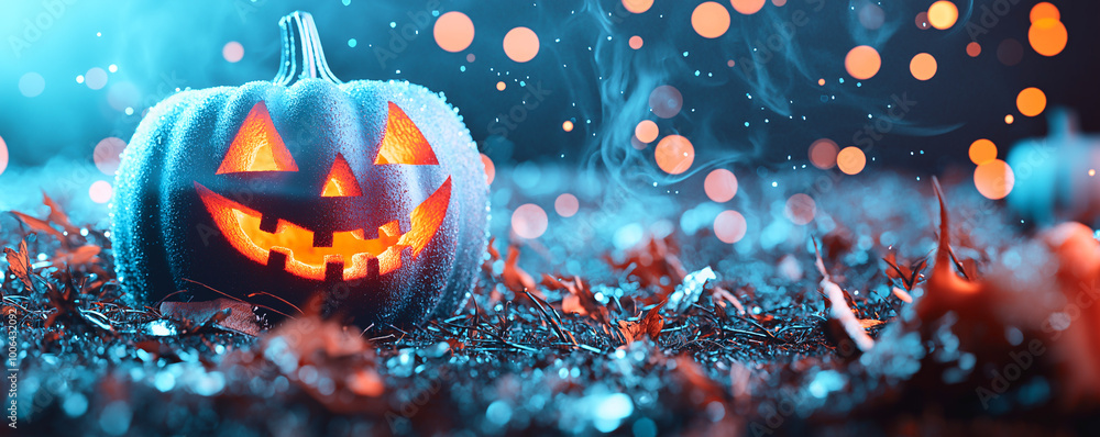 Spooky Funny Jack o'Lantern Pumpkin at Sundown, Magical Abstract Halloween Night Scene. Autumn Forest at Sundown, Neon Glow, Fallen Leaves. Trick or Treat, Happy Celebration Party, Seasonal Header Spooky Funny Jack o'Lantern Pumpkin at Sundown, Magical Abstract Halloween Night Scene. Autumn Forest at Sundown, Neon Glow, Fallen Leaves. Trick or Treat, Happy Celebration Party, Seasonal Header
