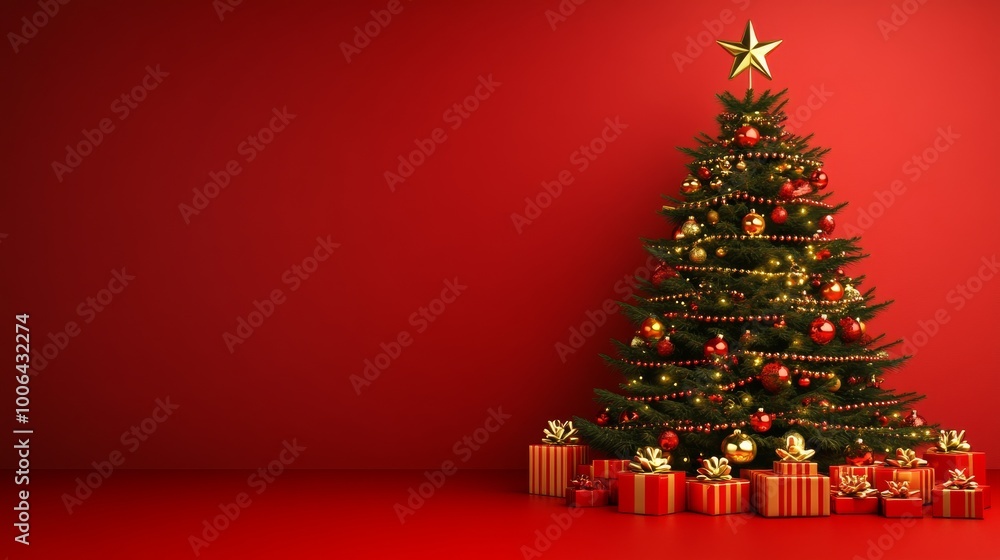 A large Christmas tree with gold and red decorations sits in front of a red wall A large Christmas tree with gold and red decorations sits in front of a red wall