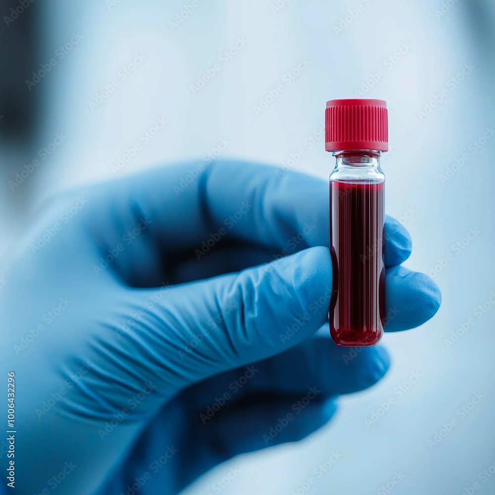 Hand in blue glove holding a blood sample in a small vial. Hand in blue glove holding a blood sample in a small vial.