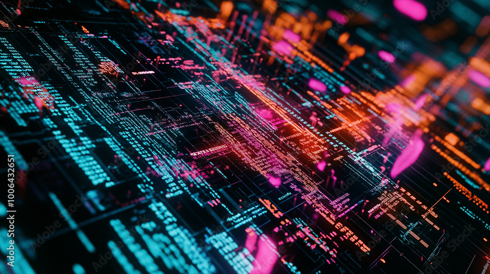 A digital screen displaying a series of lines of code, possibly from a programming language like Java or C++. The code is presented in a dark background with vibrant hues of blue, pink, and orange A digital screen displaying a series of lines of code, possibly from a programming language like Java or C++. The code is presented in a dark background with vibrant hues of blue, pink, and orange