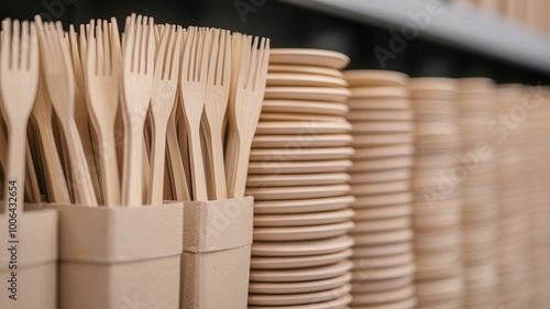 Close-up view of eco-friendly wooden forks and plates neatly arranged in a sustainable packaging.