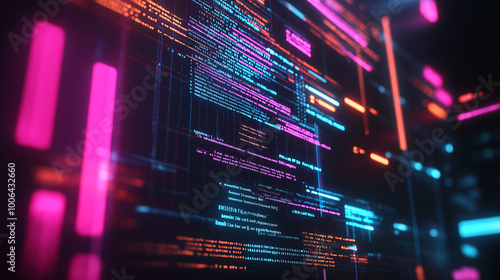 A digital screen displaying a series of lines of code, possibly from a programming language like Java or C++. The code is presented in a dark background with vibrant hues of blue, pink, and orange