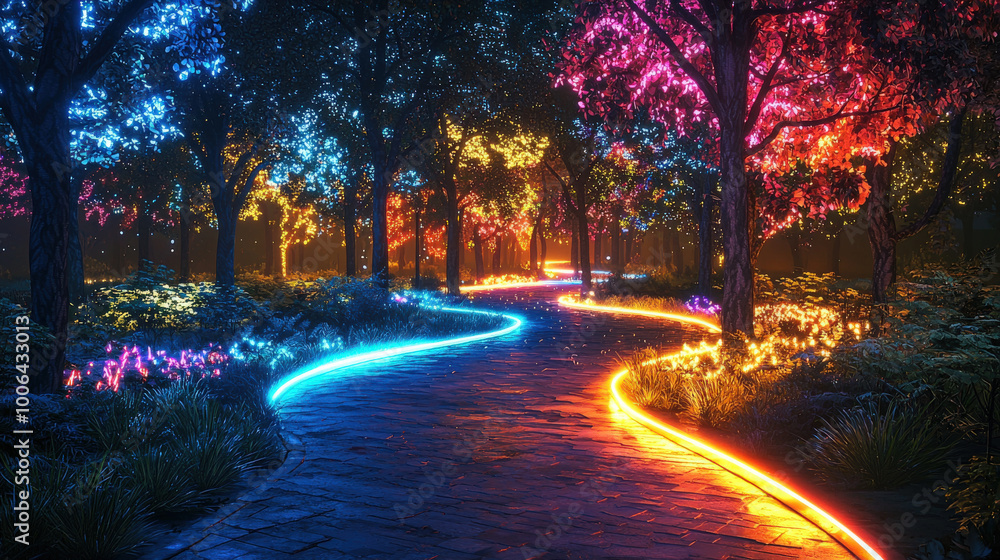 Fototapeta premium A vibrant, glowing pathway winds through magical park filled with colorful trees and illuminated foliage. enchanting scene evokes sense of wonder and tranquility