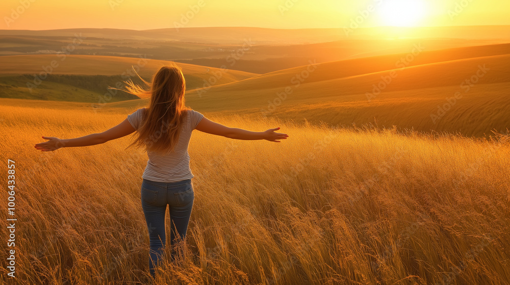 A woman standing in an open field, with her arms outstretched towards the setting sun. The sun casts a golden hue over the landscape, illuminating the tall grasses and creating a serene ambiance. A woman standing in an open field, with her arms outstretched towards the setting sun. The sun casts a golden hue over the landscape, illuminating the tall grasses and creating a serene ambiance.