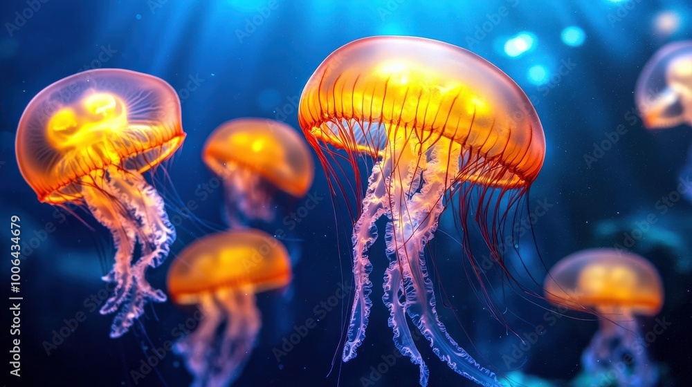 Naklejka premium A group of jellyfish are swimming in the ocean