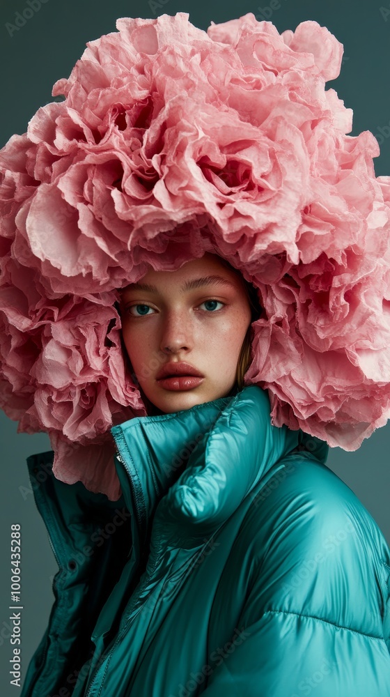 Fashion model posing with big pink flowers headwear Fashion model posing with big pink flowers headwear