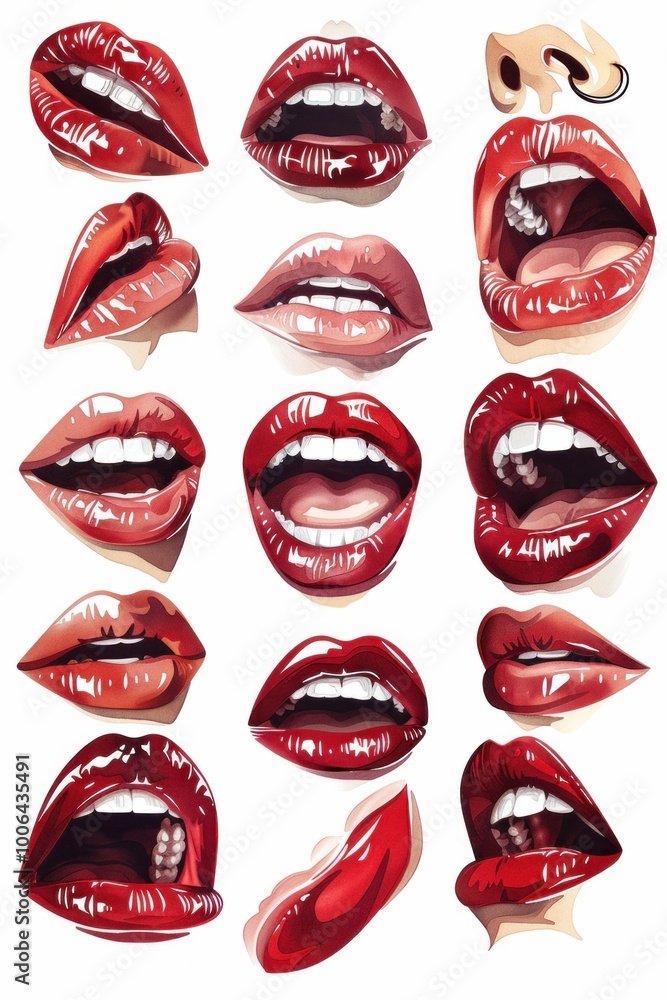 Collection of artistic lips in various expressions and styles with glossy red lipstick on a white background Collection of artistic lips in various expressions and styles with glossy red lipstick on a white background