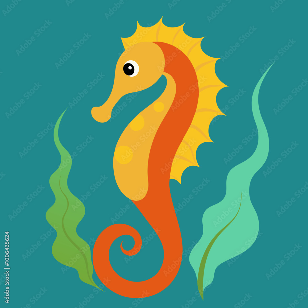 Obraz premium Graceful Seahorse Embracing Colorful Seaweed A Stunning Vector Illustration of Marine Life 