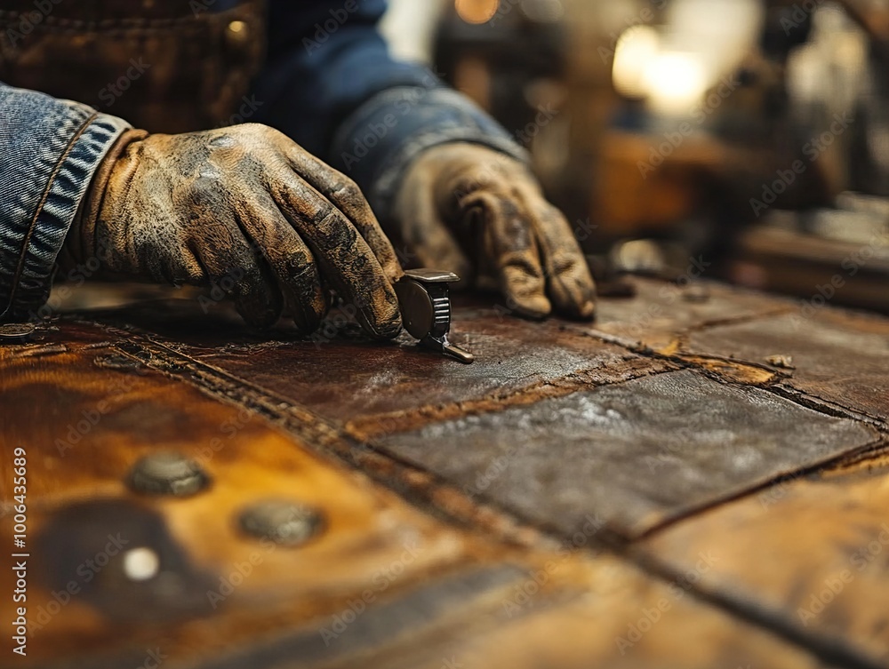 Leatherworking: Close-up of a Craftsman's Hands Working with Leather Leatherworking: Close-up of a Craftsman's Hands Working with Leather