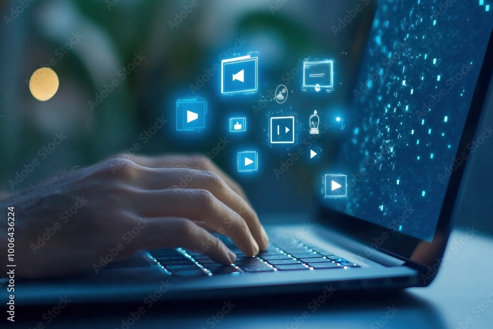 A person typing on a laptop with icons on the screen floating above the keyboard in a blue color. A person typing on a laptop with icons on the screen floating above the keyboard in a blue color.