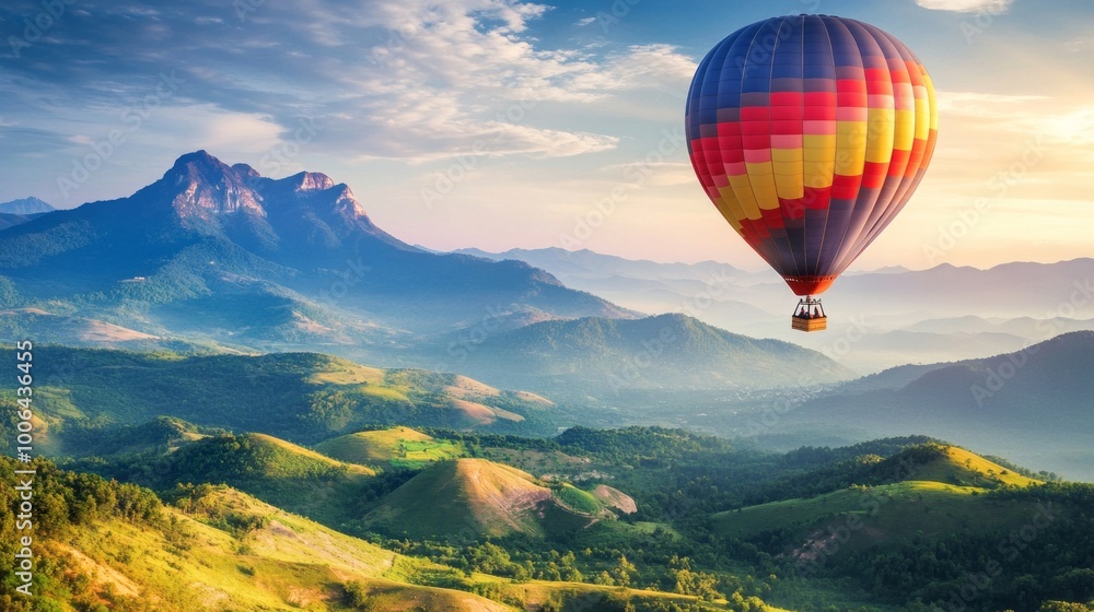 Obraz premium ## Hot Air Balloon Soaring Above Majestic Mountains