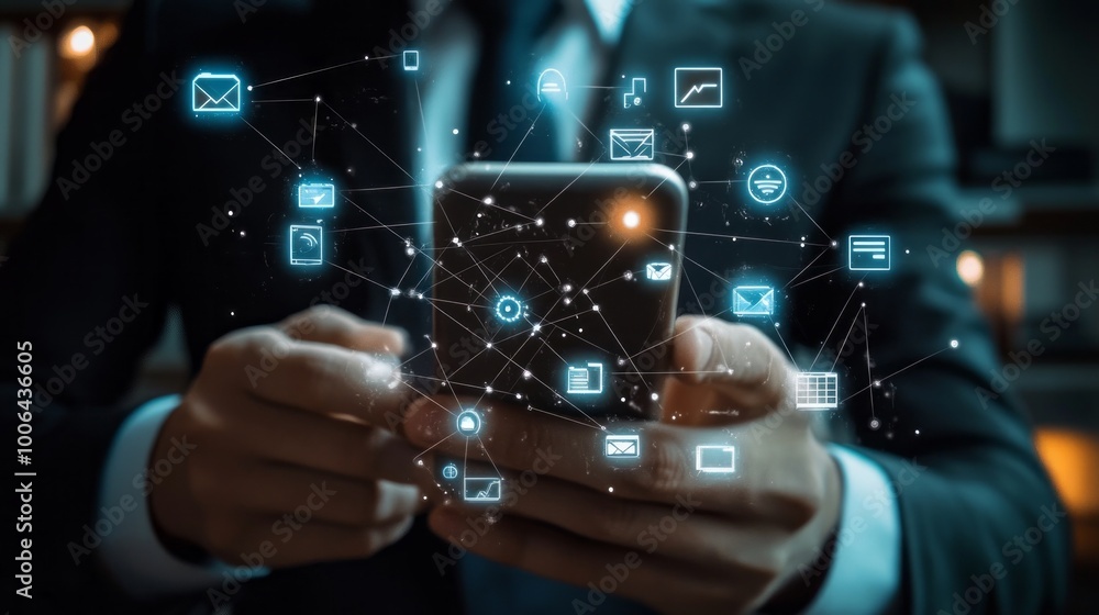 ## Connected Businessman: Smartphone & Digital Network Icons ## Connected Businessman: Smartphone & Digital Network Icons