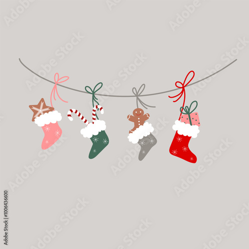Vector Christmas Santa socks with gingerbread man, star, present and candy stick. Illustration for greeting card, poster, banner, invitations.
