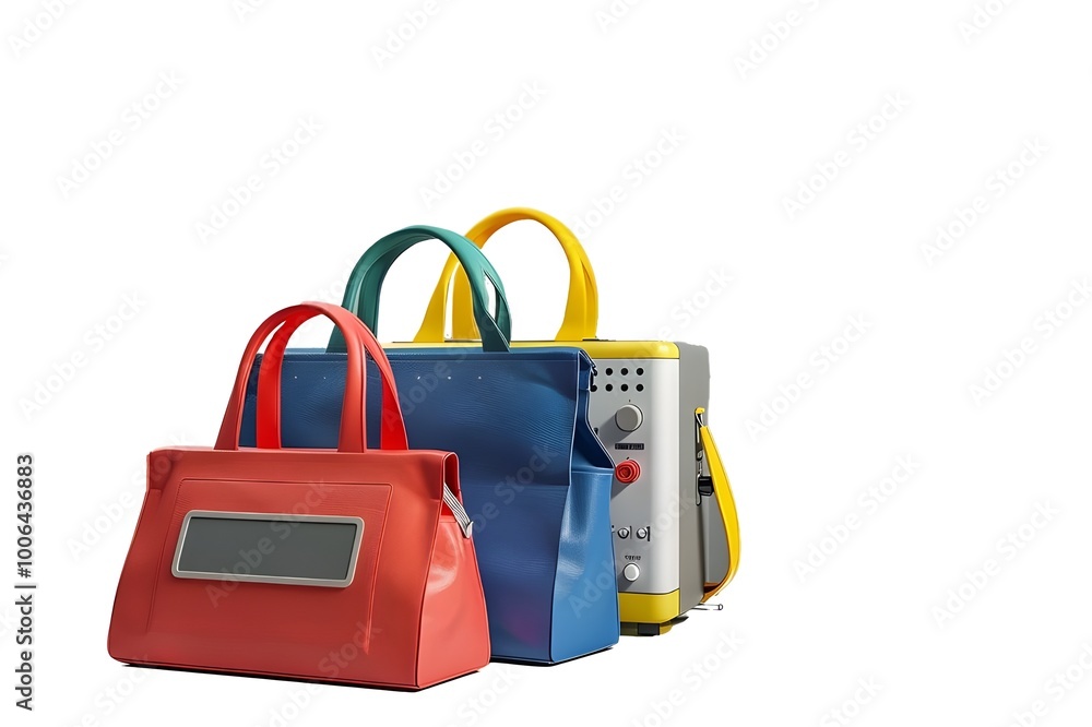 Press machine with colorful bag on white table, grey background Press machine with colorful bag on white table, grey background