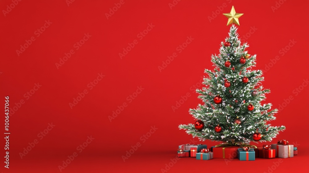 A Christmas tree with a star on top stands in front of a red background A Christmas tree with a star on top stands in front of a red background