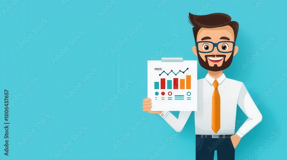 A salesperson at the end of a quarter, holding up their progress report, showing personal growth and achievement in their sales numbers., design illustration A salesperson at the end of a quarter, holding up their progress report, showing personal growth and achievement in their sales numbers., design illustration
