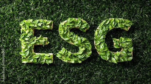Eco-Friendly ESG Typography Crafted from Fresh Leaves on Grassy Surface