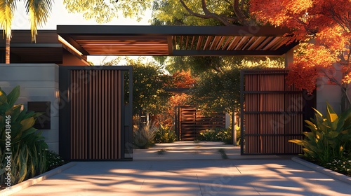  Modern wooden fence with metal gate, modern home entrance design, exterior front view
