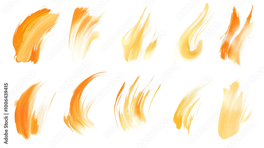 set of yellow orange scumbling brushstrokes isolated on transparent background set of yellow orange scumbling brushstrokes isolated on transparent background
