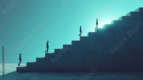 A series of ascending geometric platforms with people stepping up based on the light that shines from their actions and achievements, showing progress based on ability and merit photo