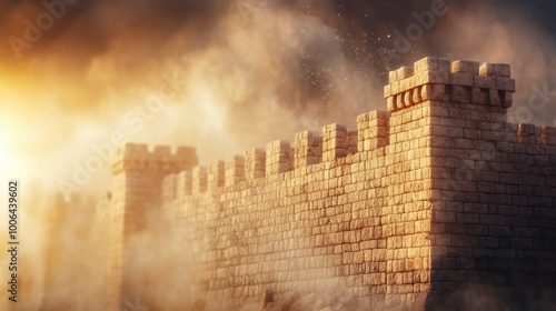 The ancient building is broken, with the sun shining on them and dark clouds in front. There is dust flying around them.