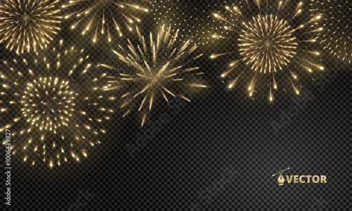 Shiny golden fireworks explosion isolated. Holiday decoration for Christmas and New year party. Festive background for birthday invitations, wedding, diwali banners. Easy to change colours. Vector.