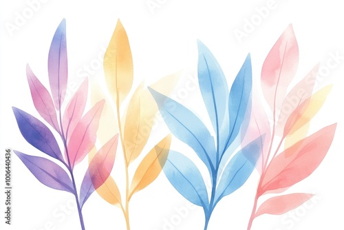 A set of different multicolored bird feathers on a white background in watercolor style